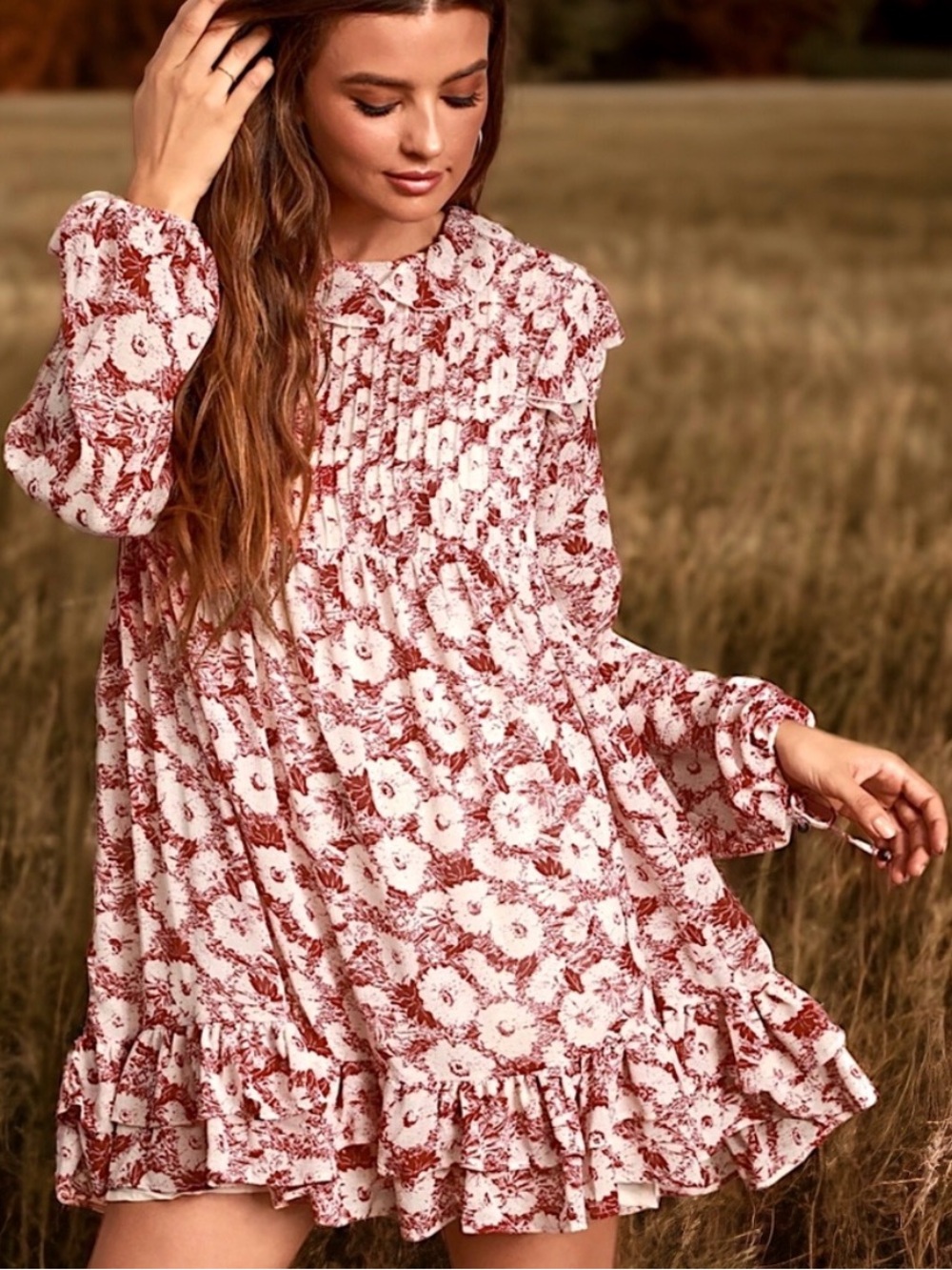 Free People “These Dreams” Mini Floral Ruffle Long-Sleeve Swing Dress  size L